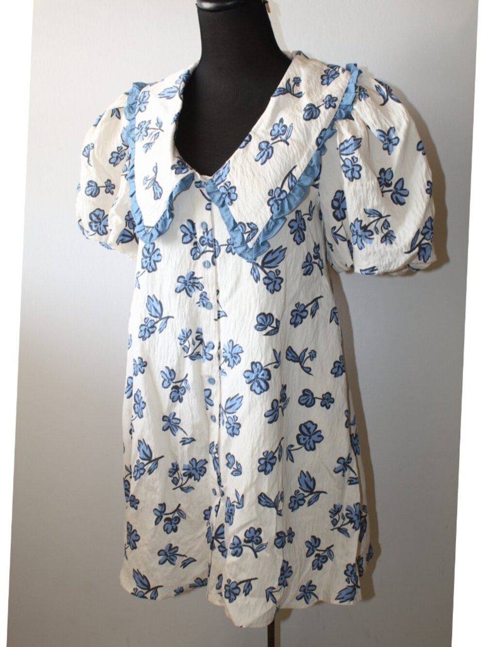 Poppy Collared Mini Dress Blue floral Print Size Small Ruffled Peter Pan Collar - Picture 10 of 14